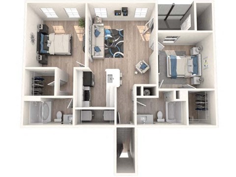 Floor plan for 2 beds, 2 baths, 1036 sqft